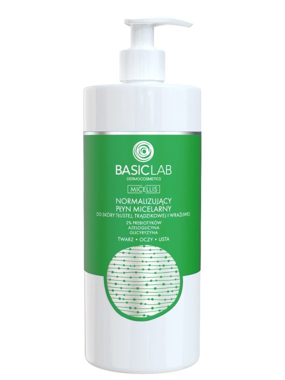BasicLab Micellis normalizujący płyn micelarny do skóry tłustej i wrażliwej 2% Prebiotyków Azeloglicyna & Glicyryzyna 500ml