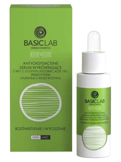 BasicLab Esteticus antyoksydacyjne serum wyrównujące z Wit.C 15% prebiotykiem i filtrem z wody ryżowej 30ml