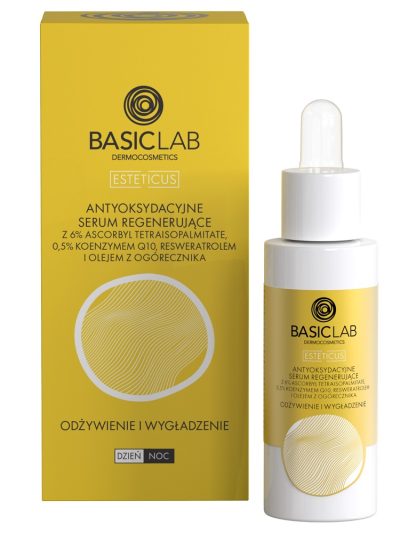 BasicLab Esteticus antyoksydacyjne serum regenerujące z 6% ascorbyl tetraisopalmitate 0.5% koenzymem Q10 i olejem z ogórecznika 30ml