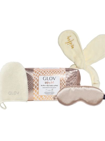Glov Wifey zestaw On-The-Go rękawica do demakijażu + Bunny Ears opaska do włosów + Satin Sleeping Mask maska do spania + kosmetyczka