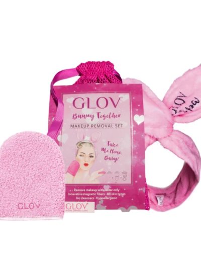 Glov Bunny Together zestaw On-The-Go rękawica do demakijażu + Quick Treat akcesorium do poprawek makijażu + opaska do włosów w kształcie uszów królika