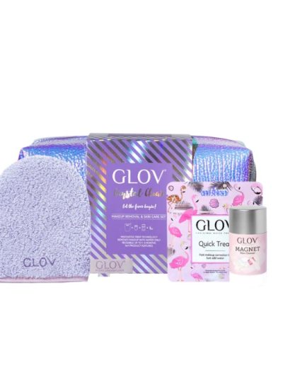 Glov Crystal Clear zestaw On-The-Go do demakijażu + Quick Treat do korekt makijażu + Magnet Cleanser do czyszczenia rękawic i pędzli + kosmetyczka