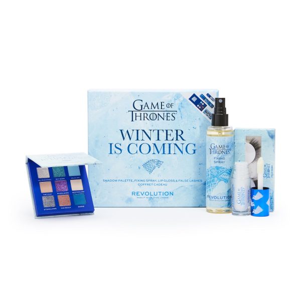 Makeup Revolution X Game Of Thrones Winter Is Coming Set zestaw Eyeshadow Palette paleta cieni do powiek + Fixing utrwalacz makijażu + Shimmer Bomb błyszczyk do ust + Flutter False Eyelashes sztuczne rzęsy