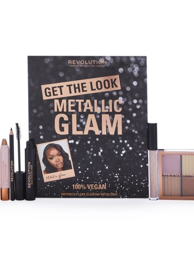 Makeup Revolution Get The Look: Metallic Glam Makeup Set zestaw Shimmer Shadow Stick Glam 2.5g + Shimmer Shadow Stick Crush 2.5g + Eye Primer 2.5ml + Mascara Black 8g + Khol Eyeliner Black 1.15g + Highlight Quad 4x1g
