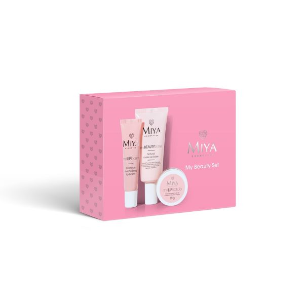 Miya Cosmetics My Beauty Set zestaw peeling do ust z olejkami i masłem mango 10g + nawilżający balsam do ust 15ml + naturalna baza pod makijaż 30ml