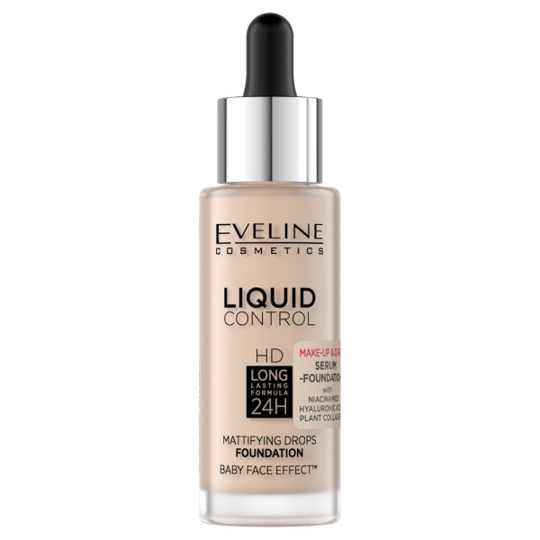 Eveline Cosmetics Liquid Control HD Long Lasting Formula 24H podkład do twarzy z dropperem 002 Soft Porcelain 32ml