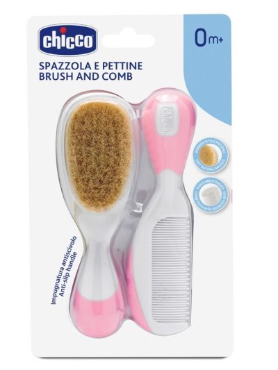 Chicco Brush and Comb zestaw szczotka z naturalnego włosia + grzebyk 0m+ Różowy