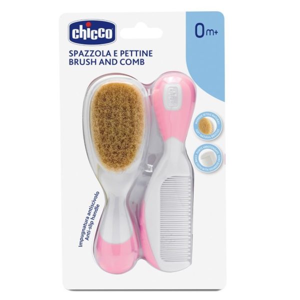 Chicco Brush and Comb zestaw szczotka z naturalnego włosia + grzebyk 0m+ Różowy