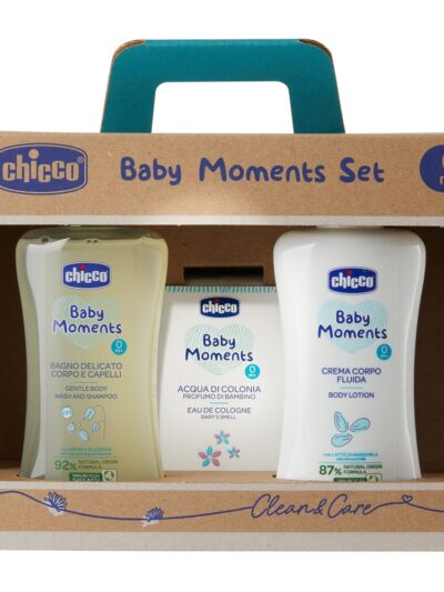 Chicco Baby Moments zestaw płyn do kąpieli 200ml + balsam do ciała 200ml + woda toaletowa 100ml