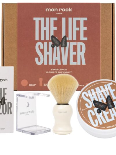MenRock The Life Shaver Sandalwood zestaw krem do golenia 100ml + pędzel do golenia + stojak na pędzel + maszynka do golenia + ostrza maszynki do golenia