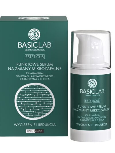 BasicLab Esteticus punktowe serum na zmiany mikrozapalne z 7% AHA/BHA i 3% kwasu azelainowego Wyciszenie i Redukcja 15ml