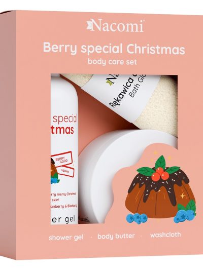 Nacomi Berry Special Christmas zestaw żel pod prysznic 300ml + masło do ciała 100ml + rękawica do kąpieli