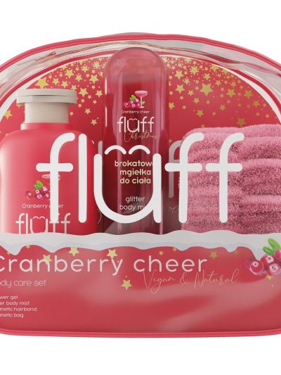 Fluff Cranberry Cheer zestaw żel pod prysznic 200ml + brokatowa mgiełka do ciała 80ml + opaska kosmetyczna