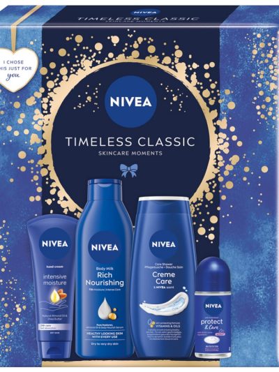 Nivea Timeless Classic zestaw krem do rąk 100ml + żel pod prysznic 250ml + antyperspirant roll-on 50ml + mleczko do ciała 250ml