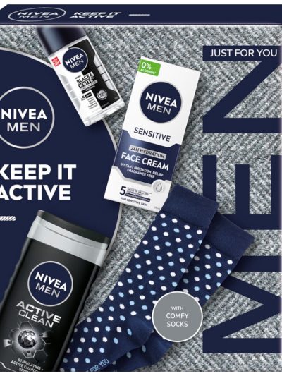 Nivea Men Keep It Active zestaw żel pod prysznic 3w1 250ml + antyperspirant roll-on 50ml + łagodzący krem nawilżający do twarzy 75ml + skarpetki