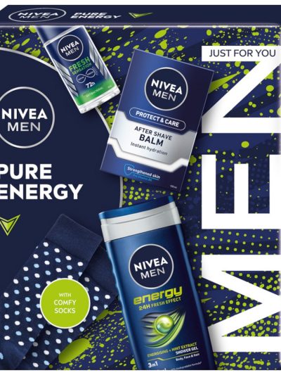 Nivea Men Pure Energy zestaw antyperspirant roll-on 50ml + żel pod prysznic 3w1 250ml + nawilżający balsam po goleniu 100ml + skarpetki