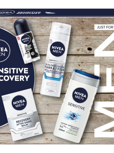 Nivea Men Sensitive Recovery Collection zestaw żel pod prysznic 3w1 250ml + antyperspirant roll-on 50ml + balsam po goleniu 100ml + pianka do golenia 200ml