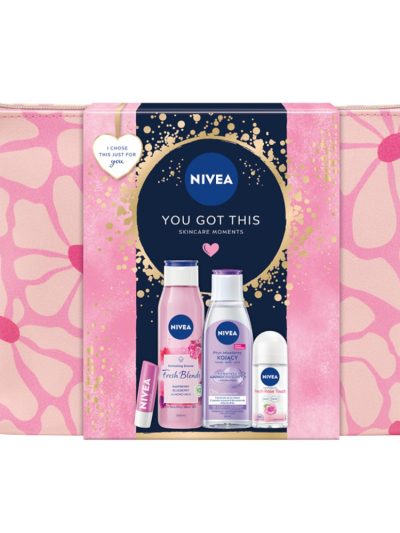 Nivea You Got This zestaw odświeżający żel pod prysznic 300ml + antyperspirant roll-on 50ml + pielęgnująca pomadka do ust 4.8g + kojący płyn micelarny 200ml + kosmetyczka