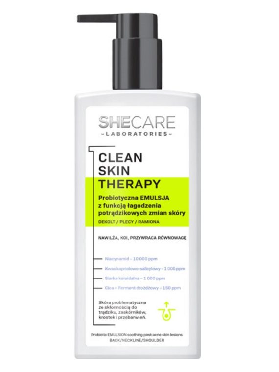 SHECARE Clean Skin Therapy probiotyczna emulsja do ciała z funkcją łagodzenia potrądzikowych zmian skóry 225ml