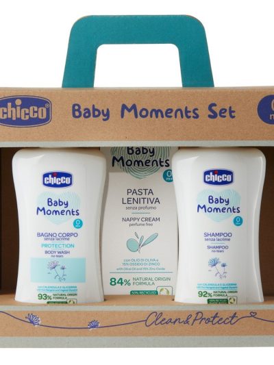 Chicco Baby Moments zestaw płyn do kąpieli 200ml + szampon 200ml + krem na odparzenia 100ml