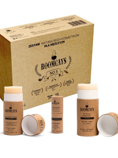 ROOMCAYS Zestaw #5 kosmetyków dla mężczyzn dezodorant w sztyfcie 65ml + pomada stylizująca do włosów 65ml + balsam do ust SPF15 8.3g