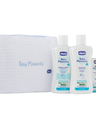 Chicco Baby Moments Blue zestaw płyn do kąpieli 200ml + szampon do włosów 200ml + delikatne mydło 100g