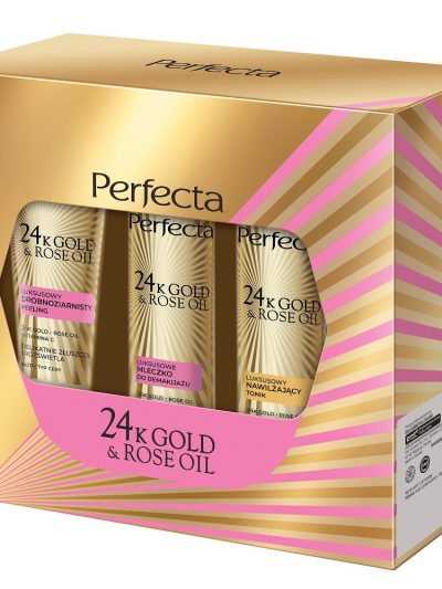 Perfecta 24K Gold & Rose Oil zestaw peeling drobnoziarnisty 75g + tonik nawilżający 200ml + mleczko do demakijażu 200ml