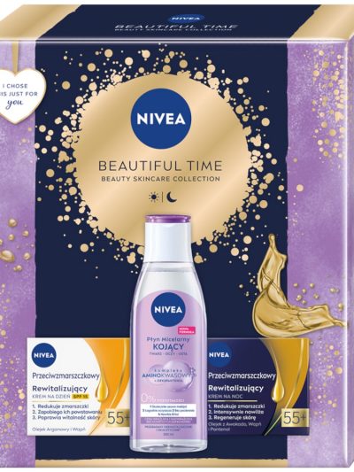 Nivea Beautiful Time zestaw kojący płyn micelarny 200ml + krem na dzień 55+ 50ml + krem na noc 55+ 50ml