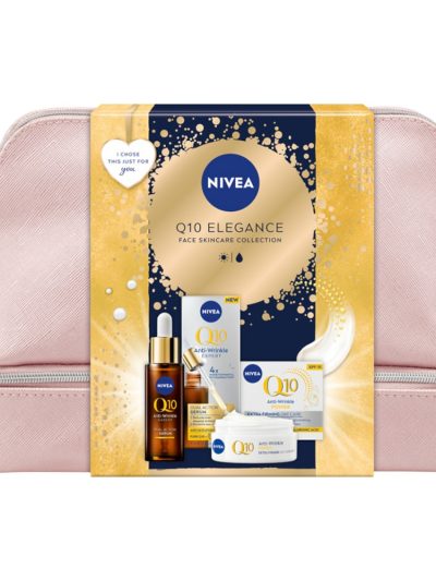 Nivea Q10 Elegance zestaw przeciwzmarszczkowy krem na dzień 50ml + podwójnie aktywne serum 30ml + kosmetyczka