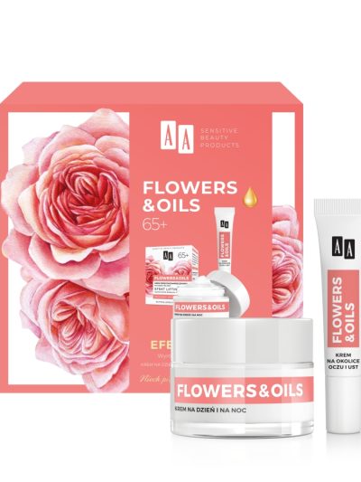 AA Flowers&Oils 65+ Efekt Liftingu zestaw krem przeciwzmarszczkowy na dzień i na noc 50ml + krem przeciwzmarszczkowy na okolice oczu i ust 15ml