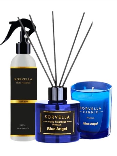 Sorvella Perfume Blue Angel zestaw dyfuzor zapachowy 120ml + zapach do wnętrz 200ml + świeca zapachowa 170g