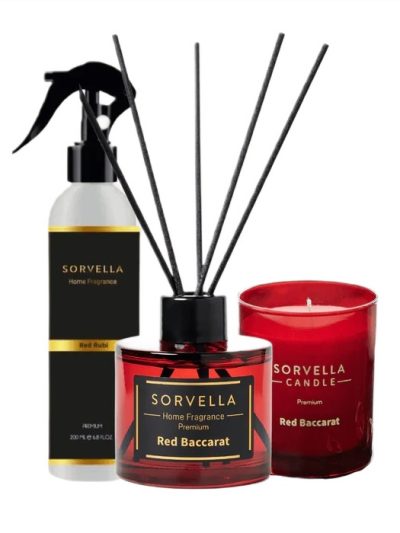 Sorvella Perfume Red Baccarat zestaw dyfuzor zapachowy 120ml + zapach do wnętrz 200ml + świeca zapachowa 170g