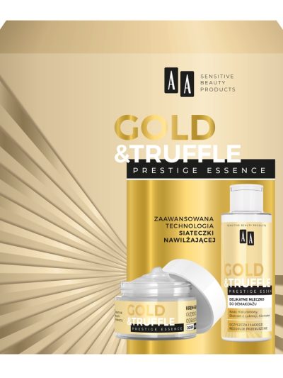 AA Gold & Truffles Prestige Essence 65+ zestaw głęboko odbudowujący krem-esencja 50ml + delikatne mleczko do demakijażu 150ml