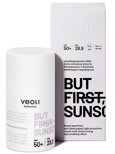 Veoli Botanica But First Sunscreen lekki krem ochronny przeciw fotostarzeniu o działaniu nawilżająco-łagodzącym SPF50+ 50ml