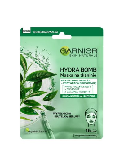 Garnier Hydra Bomb przywracająca równowagę maska na tkaninie z ekstraktem z zielonej herbaty i kwasem hialuronowym 28g