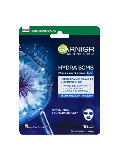 Garnier Hydra Bomb regenerująca maska na tkaninie na noc z wodą z bławatka 28g