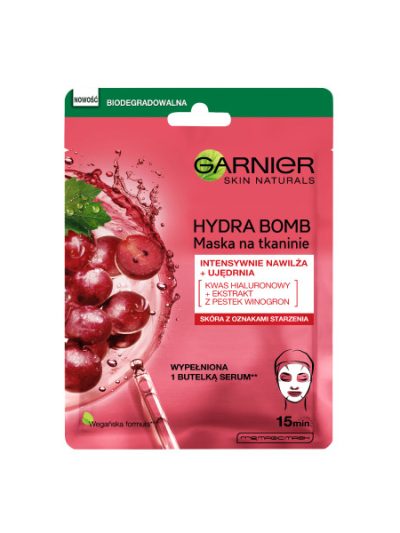 Garnier Hydra Bomb ujędrniająca maska na tkaninie z ekstraktem z pestek winogron i kwasem hialuronowym 28g