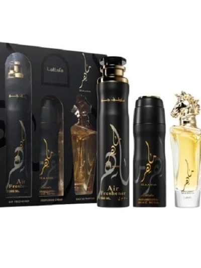 Lattafa Maahir zestaw woda perfumowana 100ml + dezodorant 200ml + odświeżacz powietrza 300ml