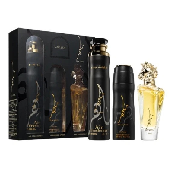 Lattafa Maahir zestaw woda perfumowana 100ml + dezodorant 200ml + odświeżacz powietrza 300ml
