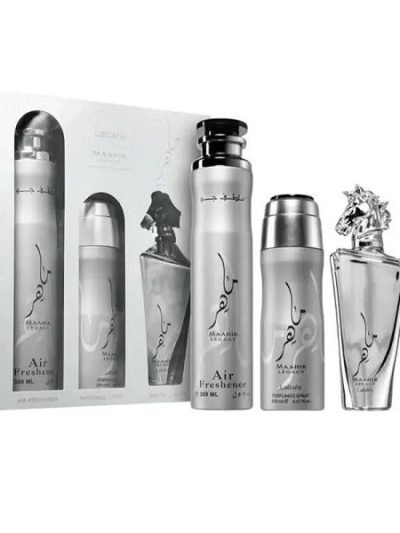 Lattafa Maahir Legacy zestaw woda perfumowana 100ml + dezodorant 200ml + odświeżacz powietrza 300ml