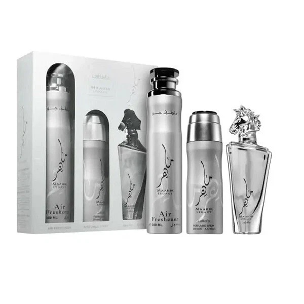 Lattafa Maahir Legacy zestaw woda perfumowana 100ml + dezodorant 200ml + odświeżacz powietrza 300ml