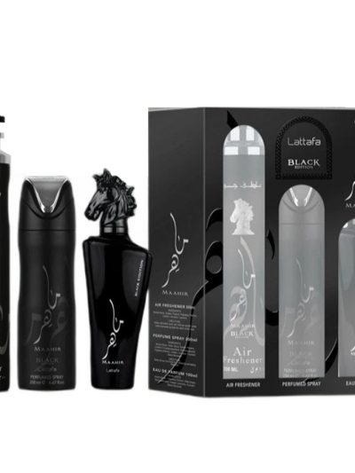 Lattafa Maahir Black Edition zestaw woda perfumowana 100ml + dezodorant 200ml + odświeżacz powietrza 300ml