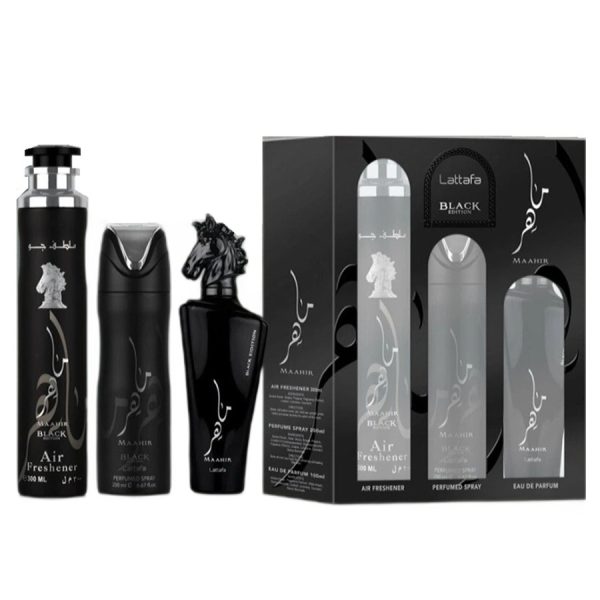 Lattafa Maahir Black Edition zestaw woda perfumowana 100ml + dezodorant 200ml + odświeżacz powietrza 300ml