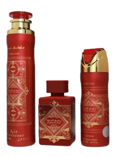 Lattafa Bade'e Al Oud Sublime zestaw woda perfumowana 100ml + dezodorant 200ml + odświeżacz powietrza 300ml
