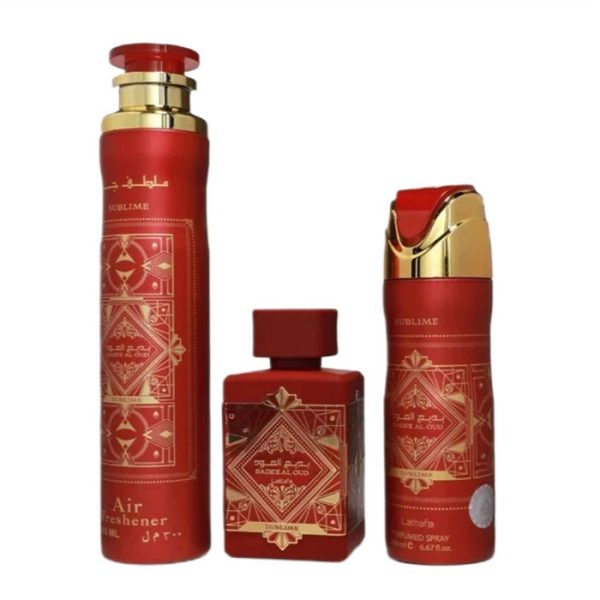 Lattafa Bade'e Al Oud Sublime zestaw woda perfumowana 100ml + dezodorant 200ml + odświeżacz powietrza 300ml