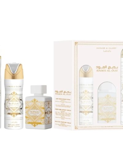 Lattafa Bade'e Al Oud Honor & Glory zestaw woda perfumowana 100ml + dezodorant 200ml + odświeżacz powietrza 300ml