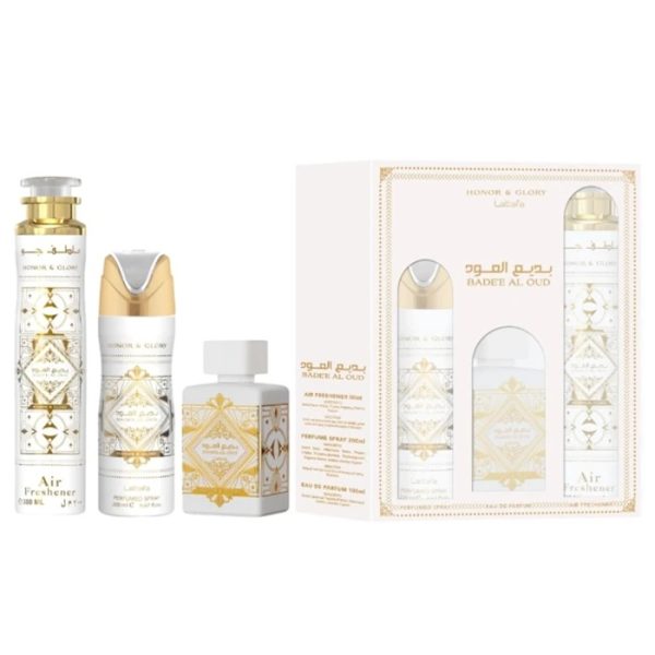 Lattafa Bade'e Al Oud Honor & Glory zestaw woda perfumowana 100ml + dezodorant 200ml + odświeżacz powietrza 300ml