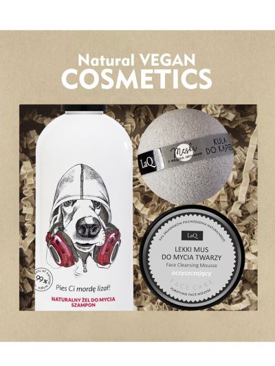 LaQ Ogarnij się Pies zestaw szampon i żel do mycia 300ml + naturalna pianka do mycia twarzy 40g + męska kula do kąpieli 120g
