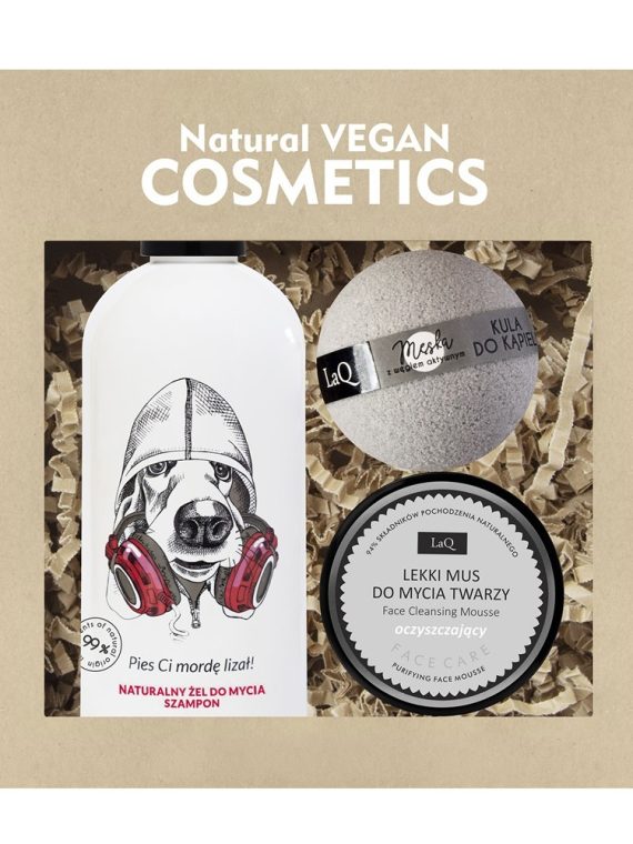 LaQ Ogarnij się Pies zestaw szampon i żel do mycia 300ml + naturalna pianka do mycia twarzy 40g + męska kula do kąpieli 120g