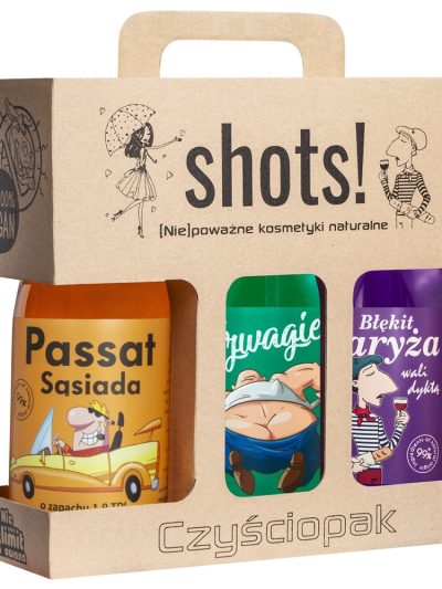 LaQ Czyściopak Shots! Męski zestaw Passat Sąsiada żel pod prysznic 500ml + Szwagier żel pod prysznic 500ml + Błękit Paryża żel pod prysznic 500ml